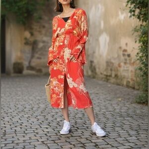 Free People Orange Midi Tie Back Dress Resort Boho Retro Style Floral dress S